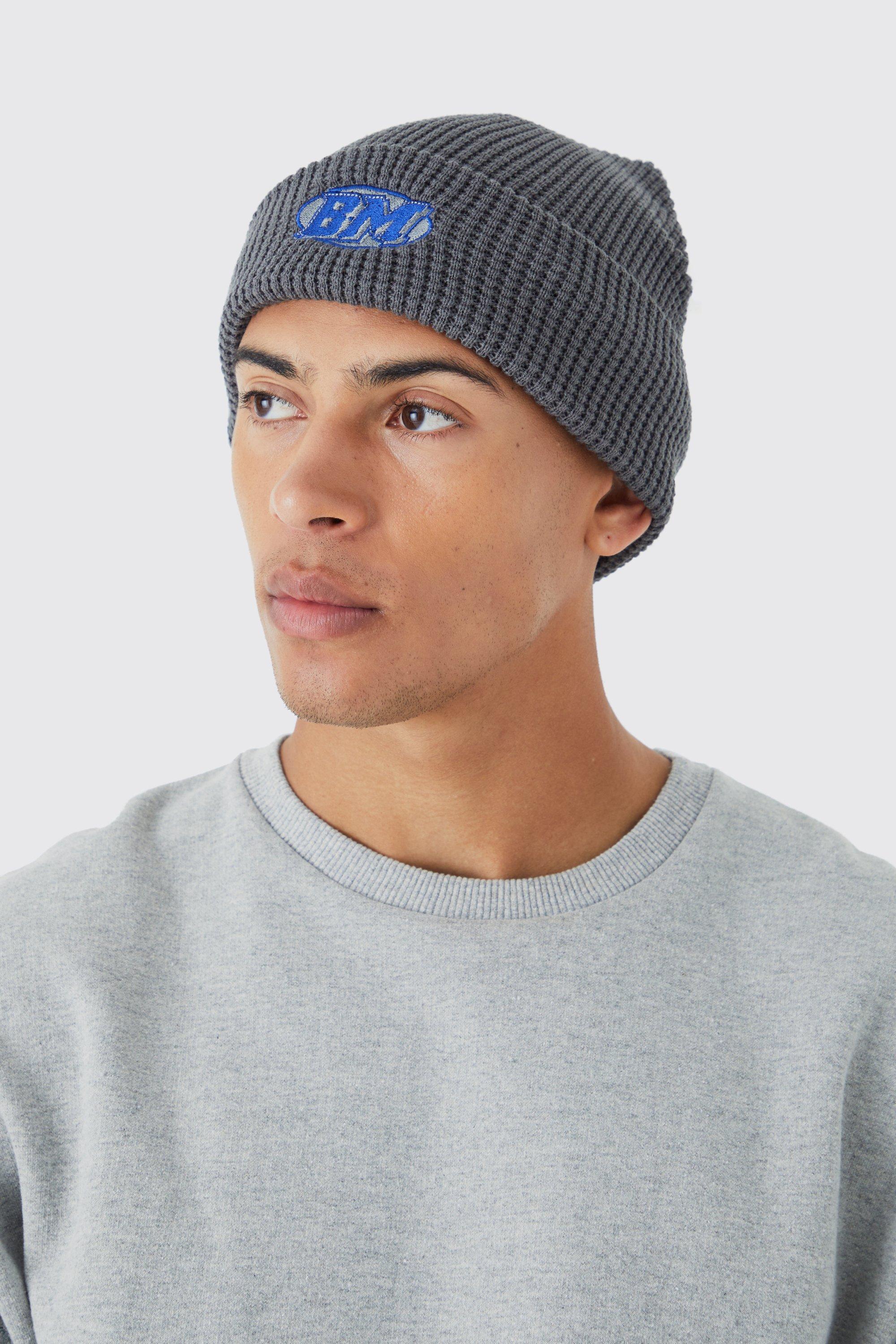 Mens Grey Man Waffle Beanie, Grey